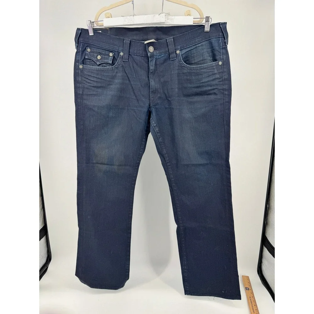 True Religion Jeans Mens 34x32 Blue Denim Flap Pockets Ricky Distressed‎  Hems